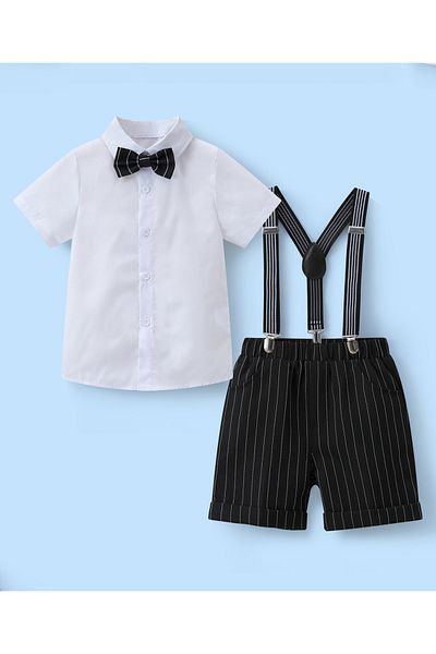 Mark & Mia Mark & Mia Shirt with Bow Tie and Pair of Shorts with Suspenders Party Suit Set - White and Black