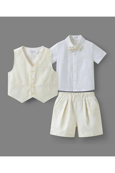 Mark & Mia Mark & Mia Shirt and Pair of Shorts with Waistcoat Party Suit Set - Beige and White
