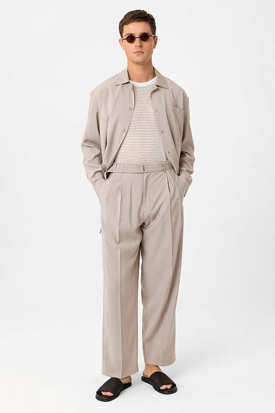 Antioch Beige Modal Fabric Relax Fit Belted Men's Trousers