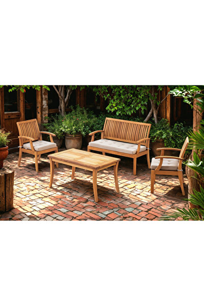Root Art Alya Iroko Ahşap Bahçe-Balkon Çay Seti | 2.1.1 + Sehpa ( Vizon Renk ...