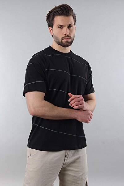Madmext Black Crew Neck Basic Striped Men's T-Shirt E7102