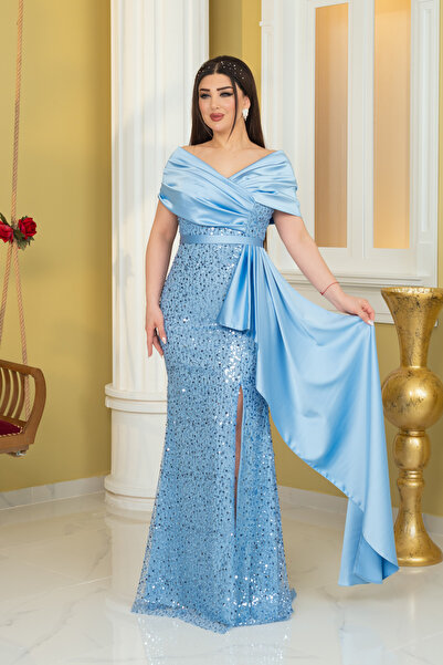 Matik Abiyem İncili Payet Saten Tasarım Yırtmaçlı Kolsuz Pelerinli Elbise Abiye