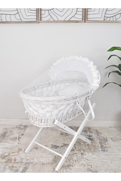 Fun Moment سلة موسى المصنوعة من الخيزران مع قاعدة خشبية قابلة للطي باللون الأبيض