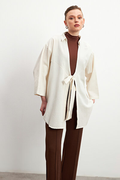 Bipantolon Women's Ecru Binding Detailed Flam Linen Kimono