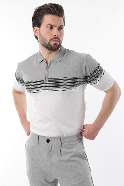 Madmext Šedé pánské tričko Polo s výstřihem na zip E7296