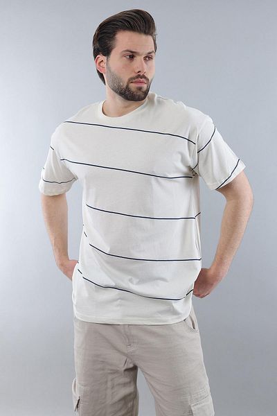Madmext Ecru Crew Neck Basic Striped Męska Koszulka T-shirt E7102