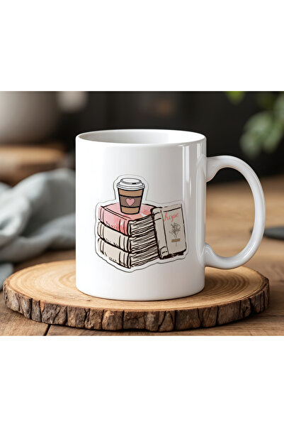 BB TRADE White Ceramic Printed Mug with Book and Coffee Design 330ml