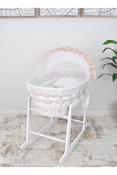 Fun Moment سلة موسى المصنوعة من الخيزران مع قاعدة هزازة بيضاء