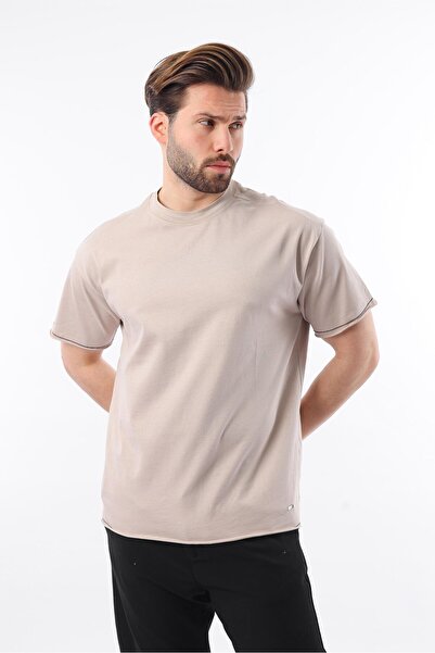 Madmext Beige Crew Neck Basic Men's T-Shirt E7105