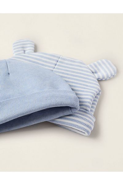 Ziddy Pack of 2 Ribbed Cotton Beanies for Newborns, Blue/White