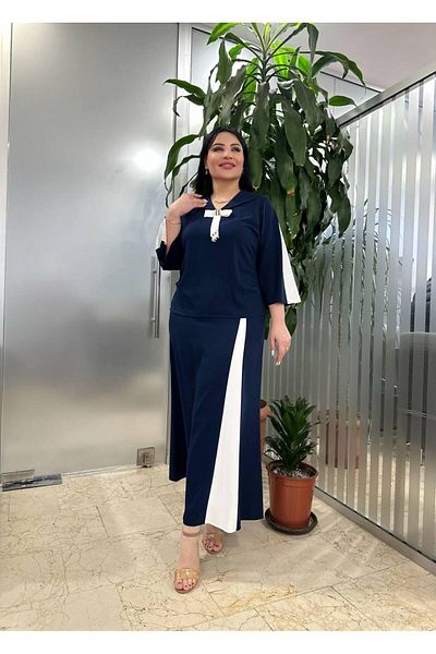 mardi exclusive بدلة نسائية مطرزة أنيقة مقاس كبير باللون الأزرق الداكن