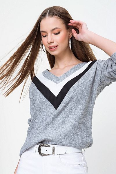 Pasaklı Giyim Pulover pentru femei, cu decolteu în V, gri, negru, alb, cu mânecă lungă B, din bumbac, stil moale, tricotaje 2750230