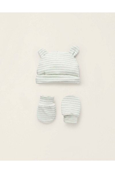 Ziddy Pack Beanie + Cotton Mittens for Newborns, Green/White