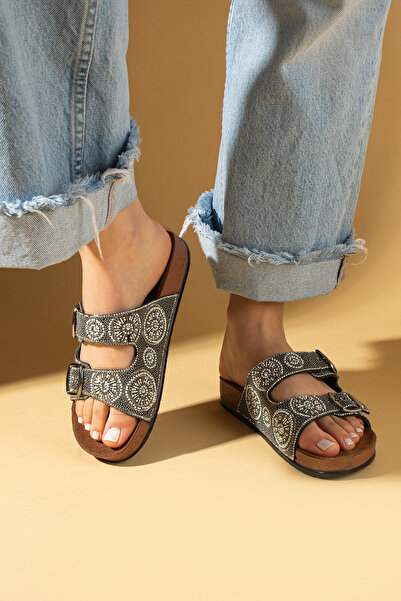 Ege's Shoes Yeni Sezon Kadın Füme Gri Çift Tokalı Taşlı Anatomik Rahat Taban Terlik