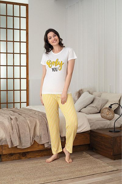 MEBA Women's Short Sleeve Summer T-Shirt Only You Letter Print Bottom Yellow Striped Pajamas Set