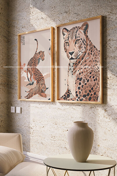 Tontilika Leopar Sanatı 2 Parçalı Ahşap Çerçeveli Tablo Seti