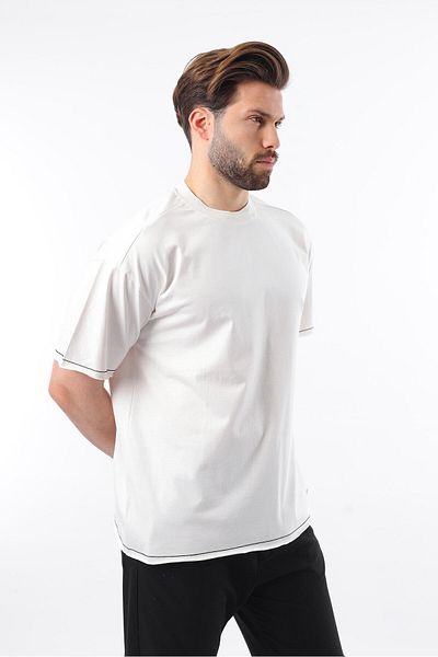 Madmext Basic Men's T-Shirt - Ecru Crew Neck E7105