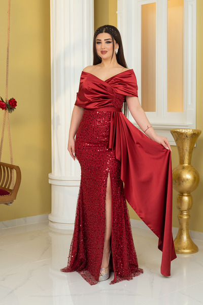 Matik Abiyem İncili Payet Saten Tasarım Yırtmaçlı Kolsuz Pelerinli Elbise Abiye