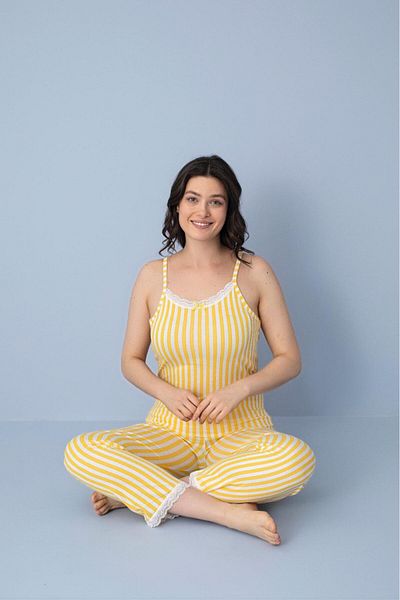 MEBA Women's Rope Strap Lace Neck and Leg Detailed Summer Yellow Striped Pajamas Set