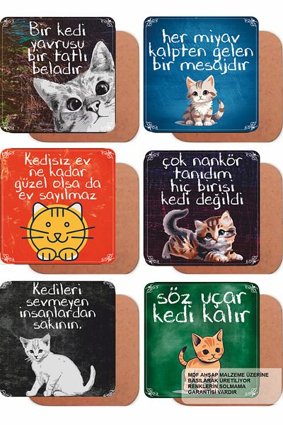 Hayat Poster Beautiful Cat Words Home Kitchen Cafe Decoration Set of 6 Retro Wooden Coasters