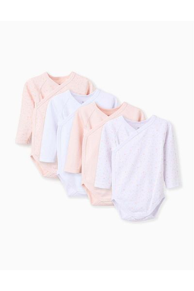 Ziddy Pack of 4 Cotton Bodysuits for Newborn Girls and Babies 'Stars', White/Pink