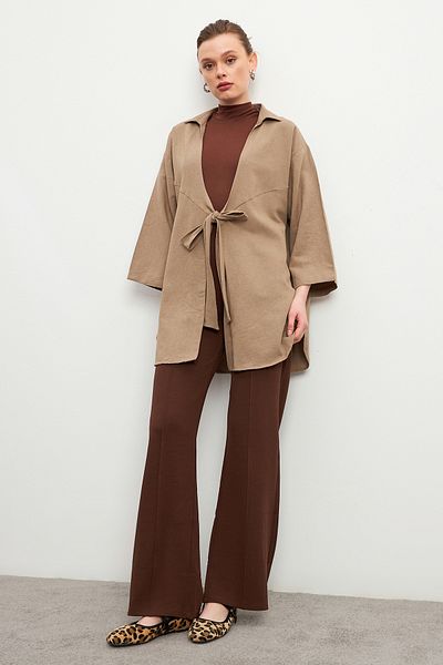 Bipantolon Women's Biscuit Lacing Detailed Flam Linen Kimono