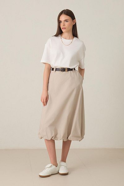 Setre Midi Length Balloon Skirt with Beige Belt Detail
