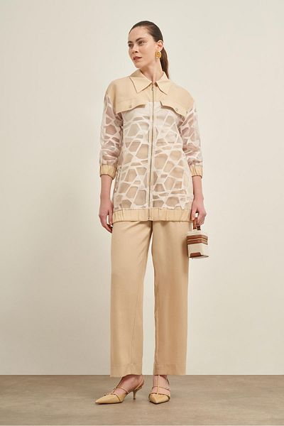 FTZ WOMEN Women's Cutout Tansel Suit with Trousers Beige 31029