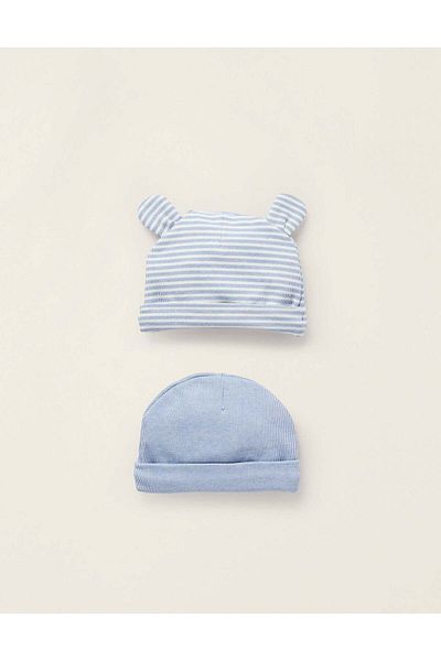 Ziddy Pack of 2 Ribbed Cotton Beanies for Newborns, Blue/White