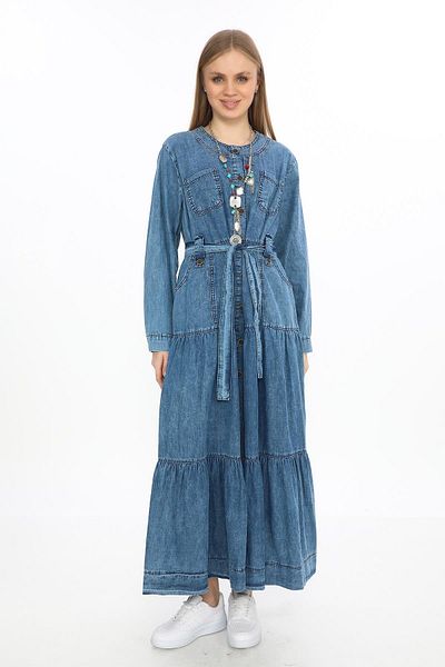 EREN STYLE Rochie din denim cu buzunar cu mânecă lungă și curea cu nasturi pentru spălat zăpadă și îmbrăcăminte modestă-2524