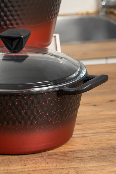 Lines L-5087 Titanium Cast Iron Cookware Set 9 Piece Black Red Transition