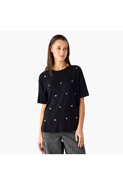 SP Characters Mickey Mouse Embellished T-shirt With Round Neck And Short Sleeves