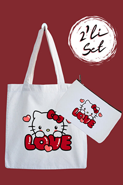 designedfy Hello Kitty Love Su Geçirmez Bez Çanta ve Kalemlik 2'li Avantaj Seti