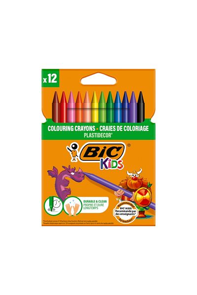 Bic |   Plastidecor Crayon Set, 12 Colors, Does Not Dirty Hands, Vibrant and Durable Colors