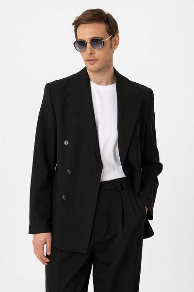 Antioch Black Relax Fit Double Breasted Men's Blazer Jacket