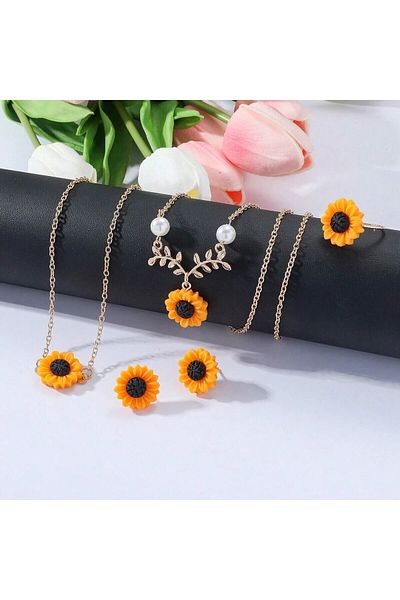 Choice AMS80024 Obega 4 PCS Sunflower Penant Neckalce Bracelet RIng Earrings Jewelry Set Gold Tiny Chain Tr
