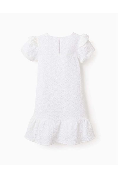 Ziddy Dress with Floral Texture and Ruffles for Girls, White
