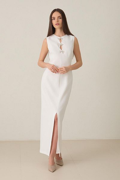 Setre Ecru Full Fit Non-Stretch Fabric Low-Cut Bow Detail Front Slit Sleeveless Midi Length Dress