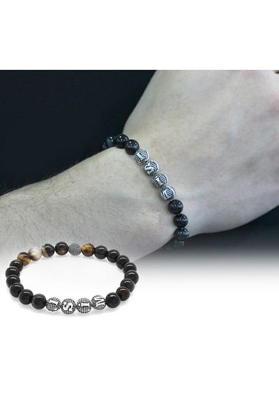 Tesbihane Suleyman Agate Metal Combination Sphere Cut Natural Stone Bracelet