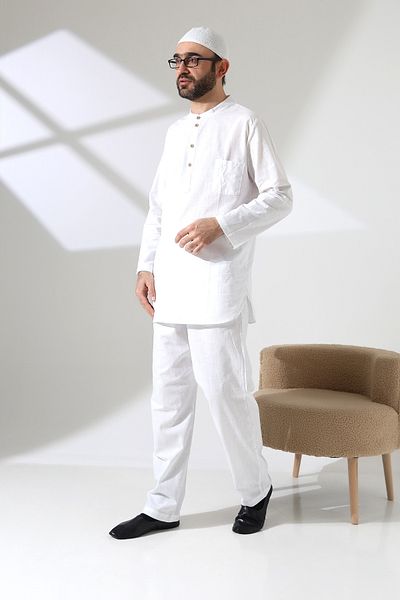 ihvanonline Men's Single Pocket Shirt Pants Double Suit Hajj and Umrah Clothing White (Vşn)
