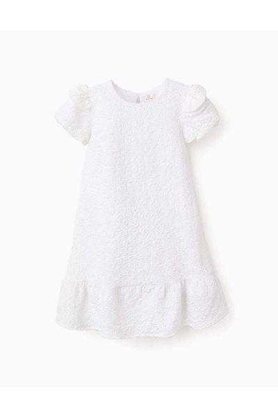 Ziddy Dress with Floral Texture and Ruffles for Girls, White