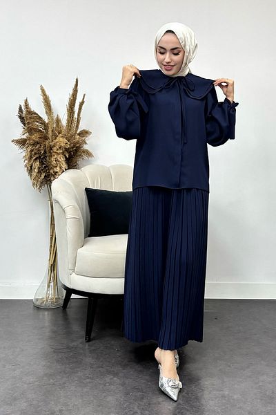 Tesettür Diyarı Women's Crepe Fabric Baby Collar Pleated Skirt Hijab Set