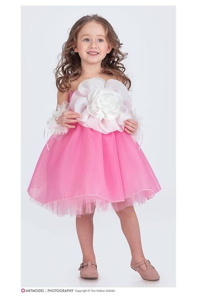 RAPAPA Girl's Rose and Tulle Bracelet Detailed Special Occasion Dress Evening Dress 1681 Pink