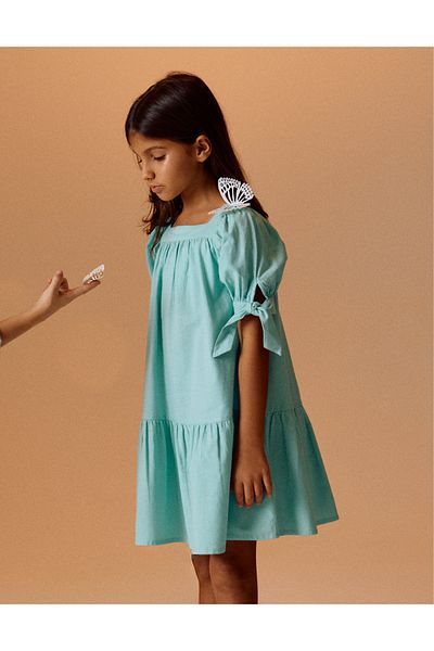 Ziddy Cotton and Linen Dress for Girls, Light Blue