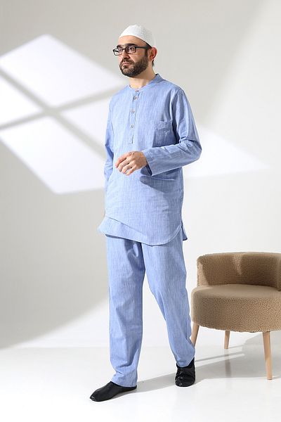 ihvanonline Men's Single Pocket Shirt Pants Double Suit Hajj and Umrah Clothing Blue (Vşn)