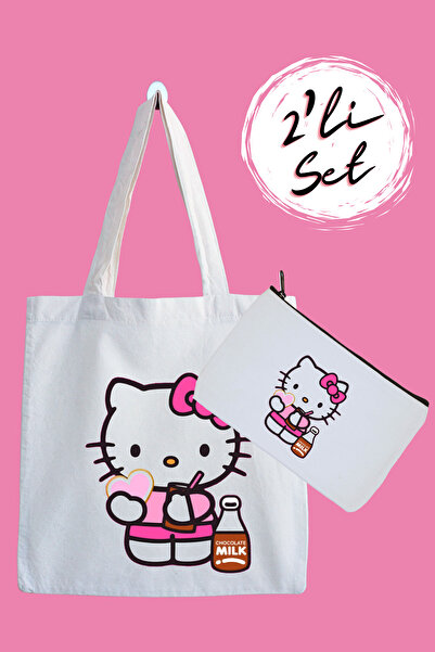 designedfy Hello Kitty Milkshake Su Geçirmez Bez Çanta ve Kalemlik 2'li Avantaj Seti