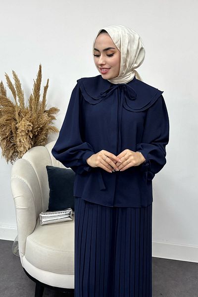 Tesettür Diyarı Women's Crepe Fabric Baby Collar Pleated Skirt Hijab Set