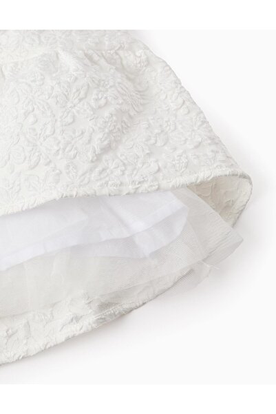 Ziddy Dress with Floral Texture and Ruffles for Girls, White