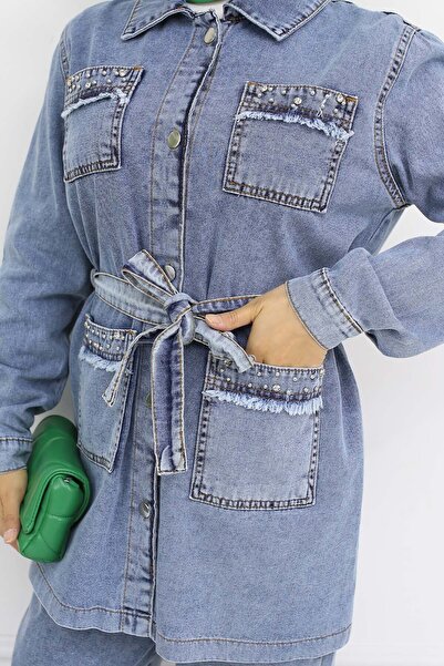 benguen Λεπτομέρεια πέτρας σετ τζιν με ζώνη μπλε 2103