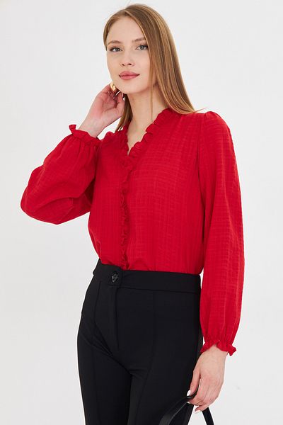 armonika Women's Red Collar and Ruffle Detailed Long Sleeve Blouse with Elastic Sleeves Arm-25K 001030